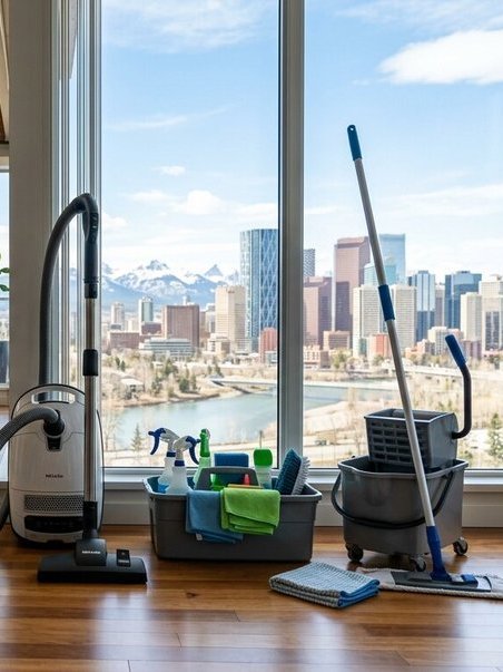 cleaning equipment and downtown calgary background